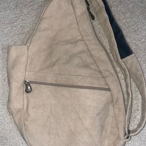 Ameribag Beige Canvas Sling Back Bag with Navy Accent